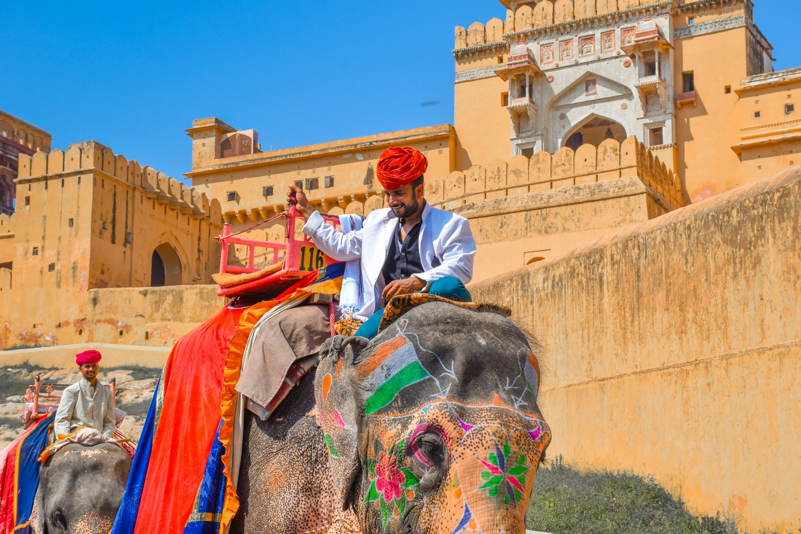 man in blue dress shirt riding on black elephant during daytime